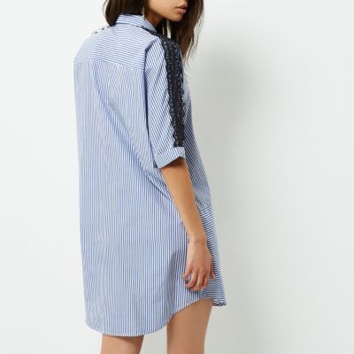 Blue stripe print lace sleeve shirt dress